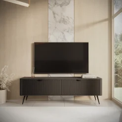 Mobile Porta tv Nero 2 Ripiani 2 Ante 163x38x51h cm, Ante Effetto Rigato con Piedini - Kalase