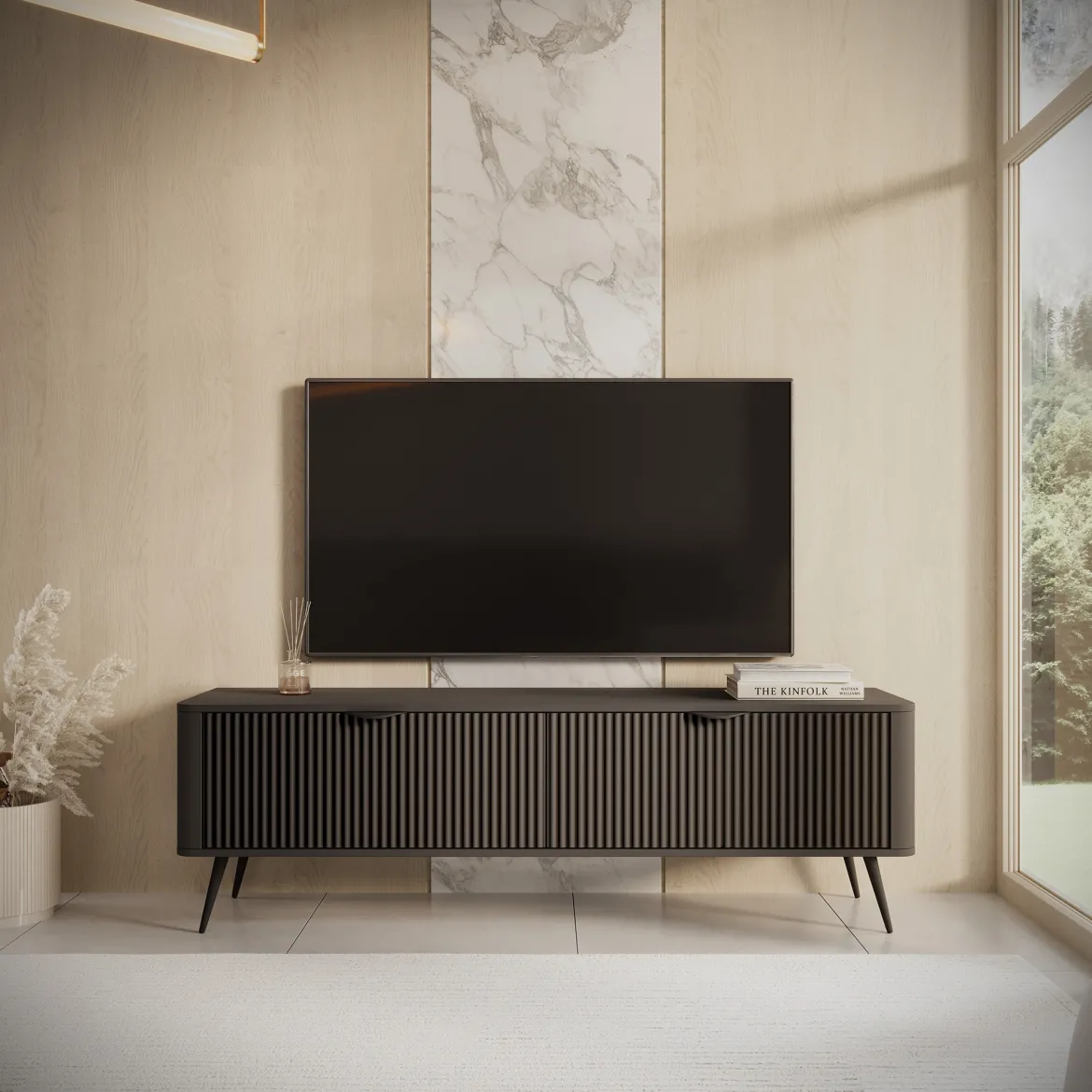 Mobile Porta tv Nero 2 Ripiani 2 Ante 163x38x51h cm, Ante Effetto Rigato con Piedini - Kalase