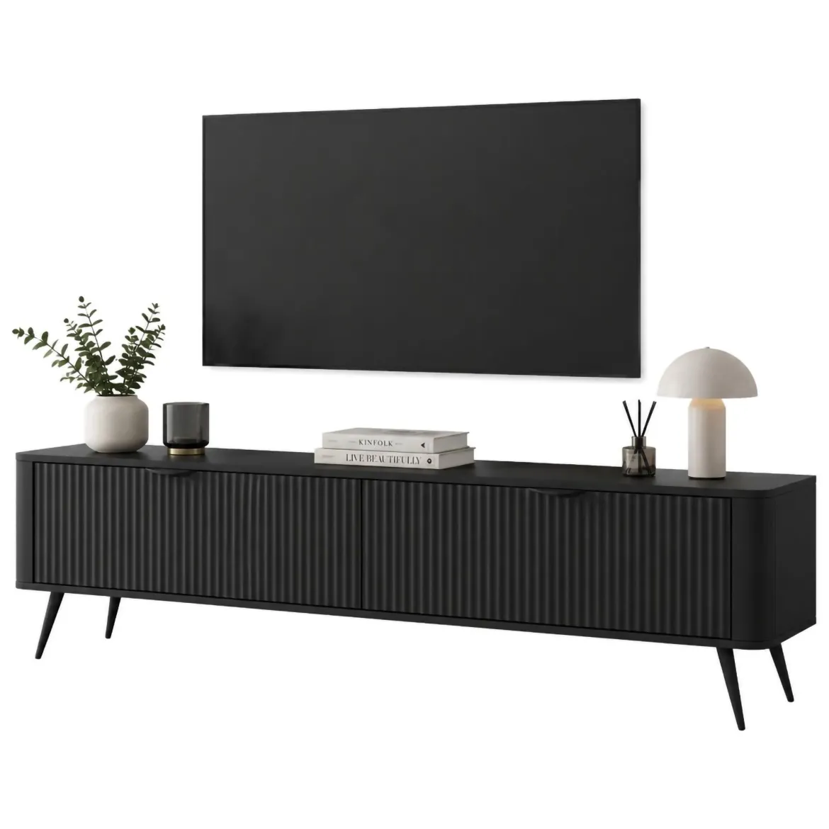 Mobile Porta tv Nero 2 Ripiani 2 Ante 163x38x51h cm, Ante Effetto Rigato con Piedini - Kalase