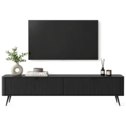 Mobile Porta tv Nero 2 Ripiani 2 Ante 200x38x51h cm, Ante Effetto Rigato con Piedini - Kala