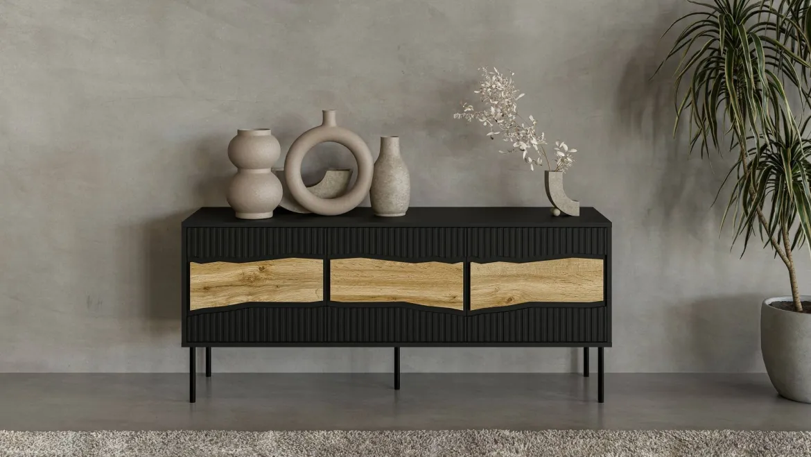 Mobile porta TV Novoli, 144x40 h62 cm, Nero e Rovere Nodi