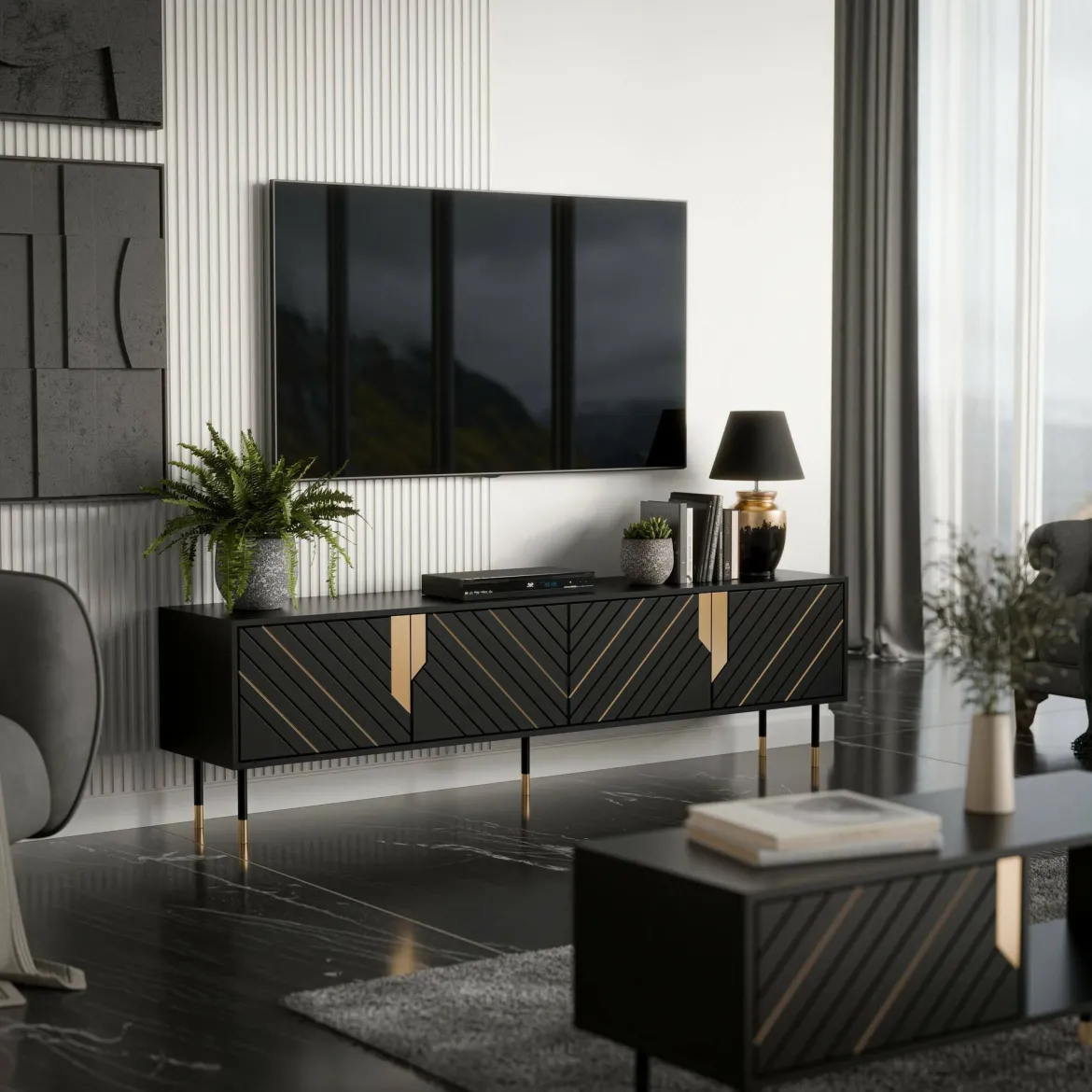 Mobile porta TV Seborga, 204x40 h55 cm, Nero e Oro