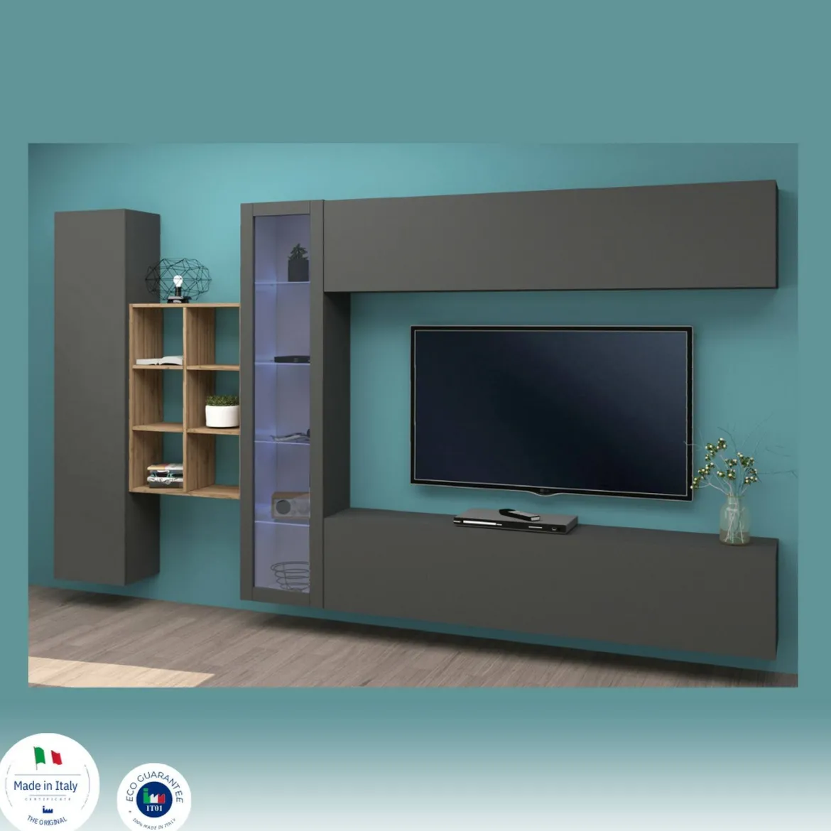 Mobile salotto 4 ante 280cm antracite e acero - Alessano