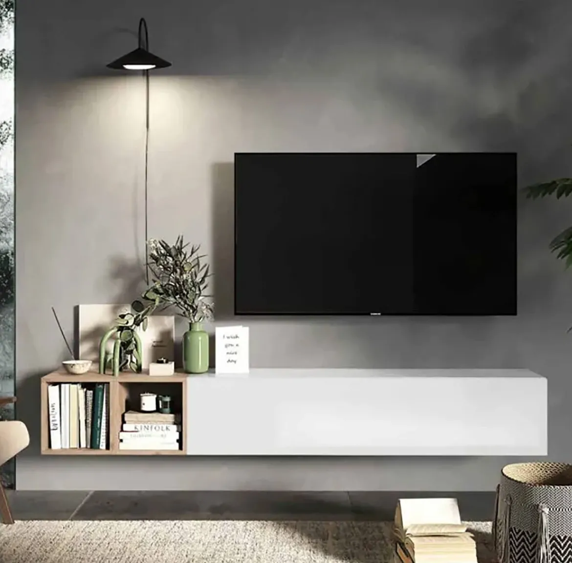 Mobile salotto in legno e metallo 194cm bianco lucido e rovere - Koguma