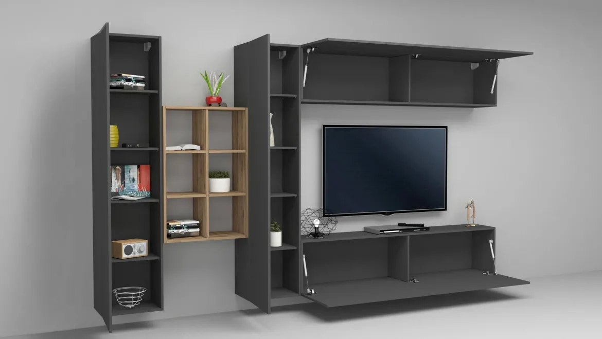 Mobile salotto moderno 280cm antracite e acero - Agna