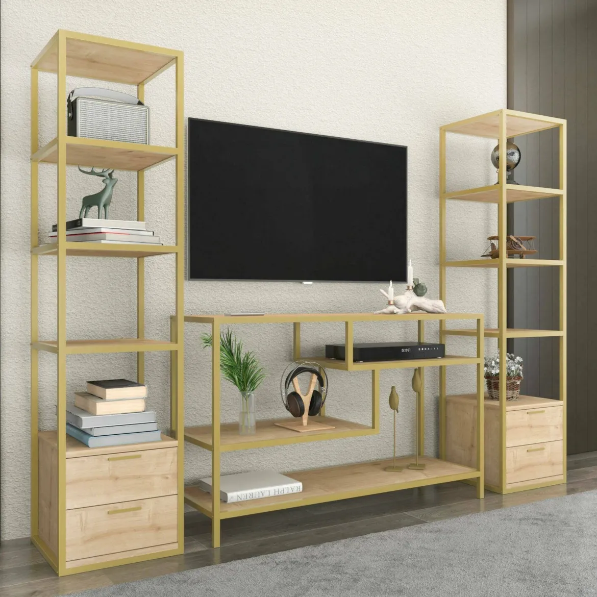 Mobile salotto moderno 198cm oro e quercia - Felion