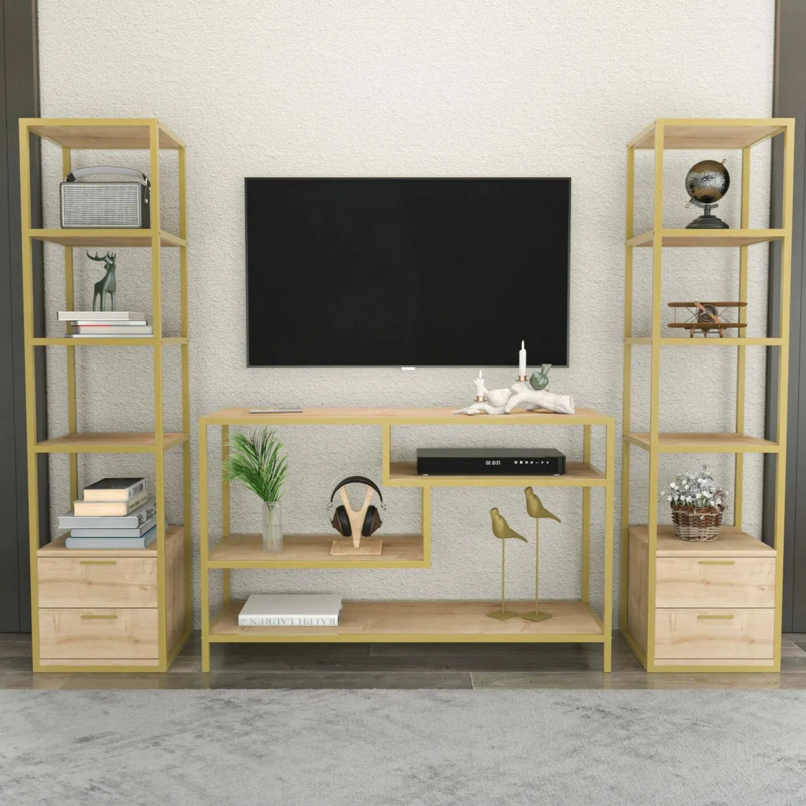 Mobile salotto moderno 198cm oro e quercia - Felion