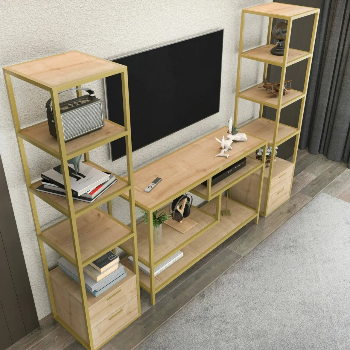 Mobile salotto moderno 198cm oro e quercia - Felion
