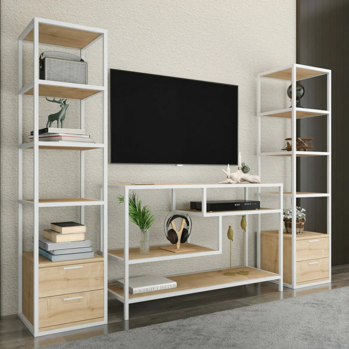 Mobile salotto 12 ripiani 198cm bianco e rovere - Felion