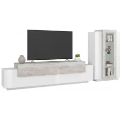 Mobile soggiorno con vetrina 280cm bianco lucido e cemento - Anisia