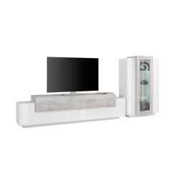 Mobile soggiorno con vetrina 280cm bianco lucido e cemento - Anisia
