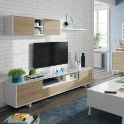 Mobile soggiorno in legno 200cm bianco lucido e rovere - Angora