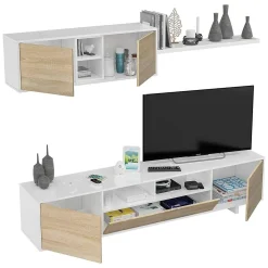 Mobile soggiorno in legno 200cm bianco lucido e rovere - Angora