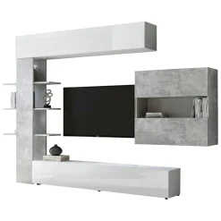 Mobile soggiorno in legno e metallo 295cm bianco lucido e cemento - Aragosta