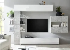 Mobile soggiorno in legno e metallo 295cm bianco lucido e cemento - Aragosta