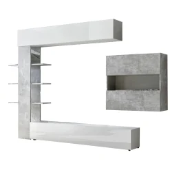 Mobile soggiorno in legno e metallo 295cm bianco lucido e cemento - Aragosta