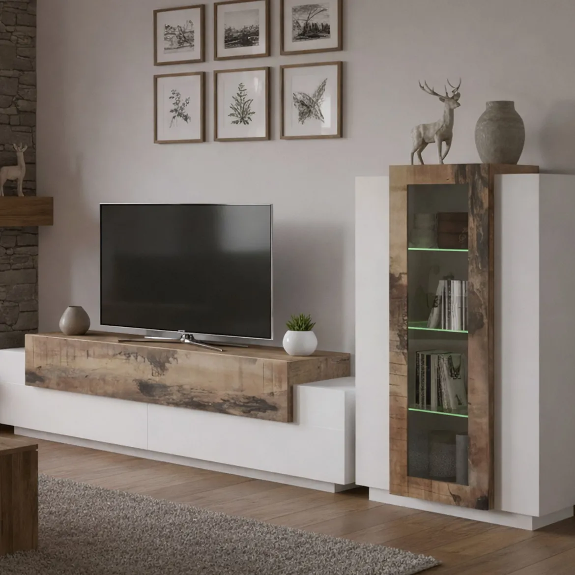 Mobile soggiorno in vetro e legno 280cm bianco lucido e acero - Anisia