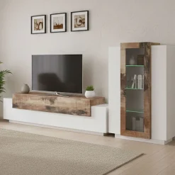 Mobile soggiorno in vetro e legno 280cm bianco lucido e acero - Anisia