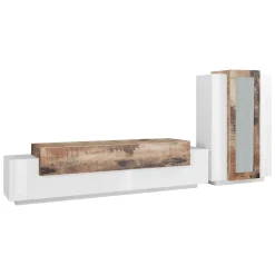 Mobile soggiorno in vetro e legno 280cm bianco lucido e acero - Anisia