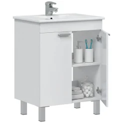 Mobile Sottolavabo Bianco Lucido 2 Ante Apertura Battente 60x45x80h cm, Piedini Alluminio - Polino
