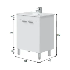 Mobile Sottolavabo Bianco Lucido 2 Ante Apertura Battente 70x45x80h cm, Piedini Alluminio - Cariati
