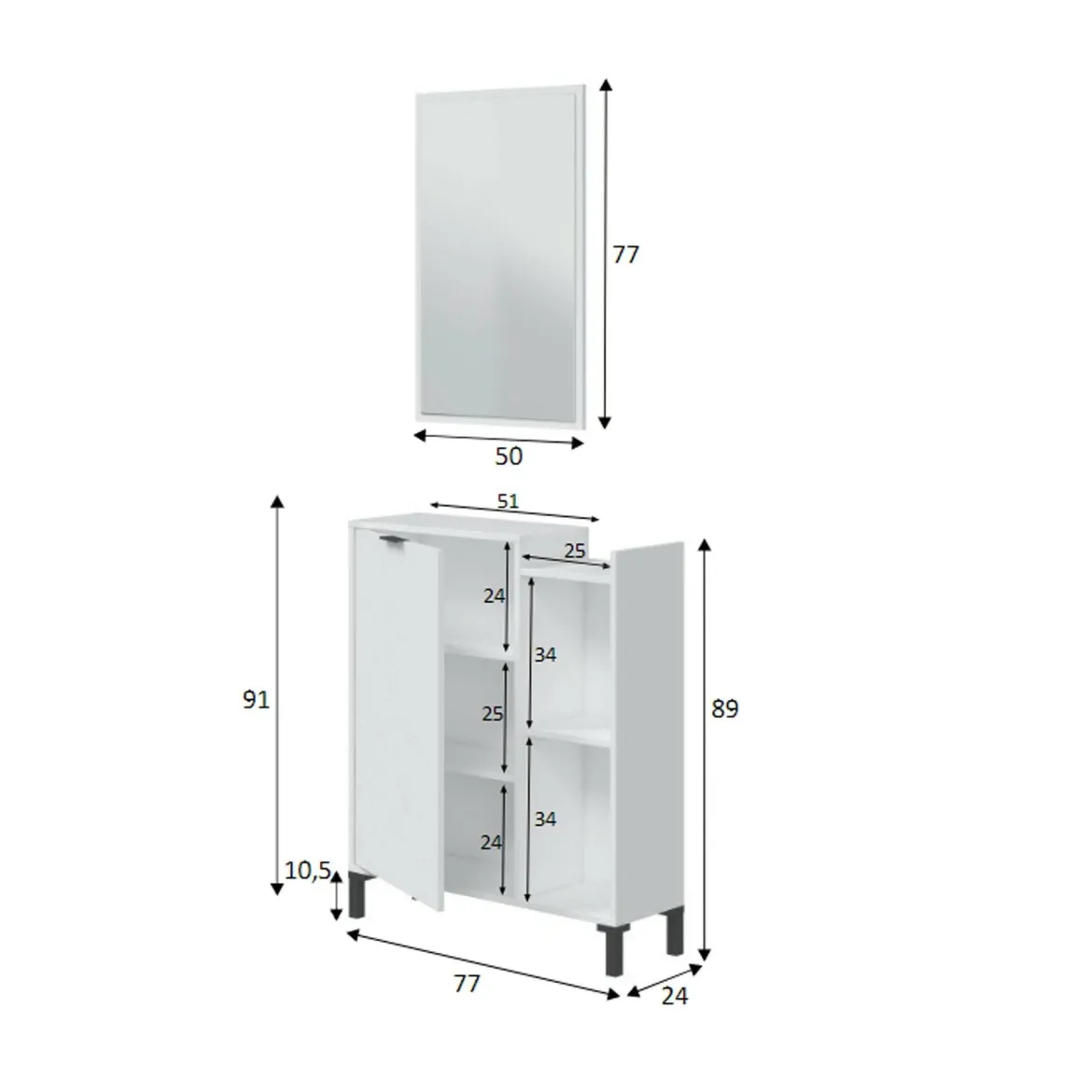 Mobile sottolavabo con specchio 77x24x91h cm bianco - Argusto