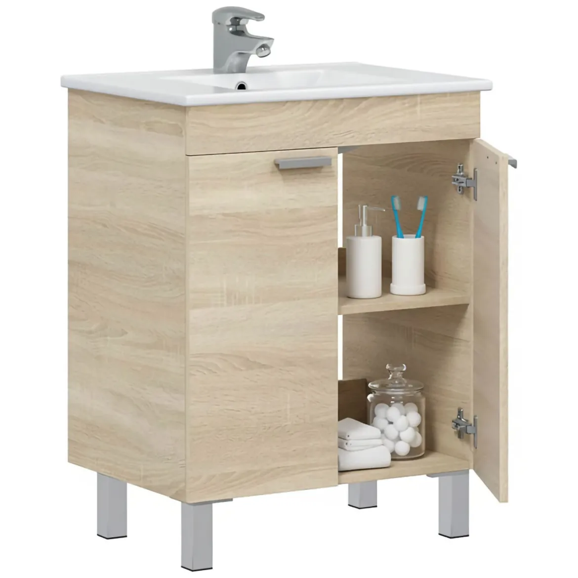 Mobile Sottolavabo Marrone Rovere 2 Ante Apertura Battente 70x45x80h cm, Piedini Alluminio - Cariati