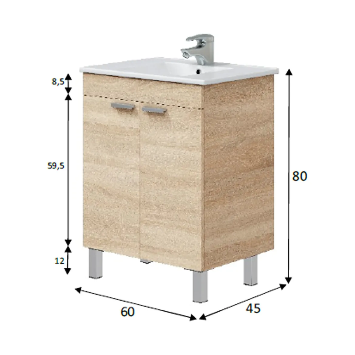 Mobile Sottolavabo Marrone Rovere 2 Ante Apertura Battente 70x45x80h cm, Piedini Alluminio - Cariati