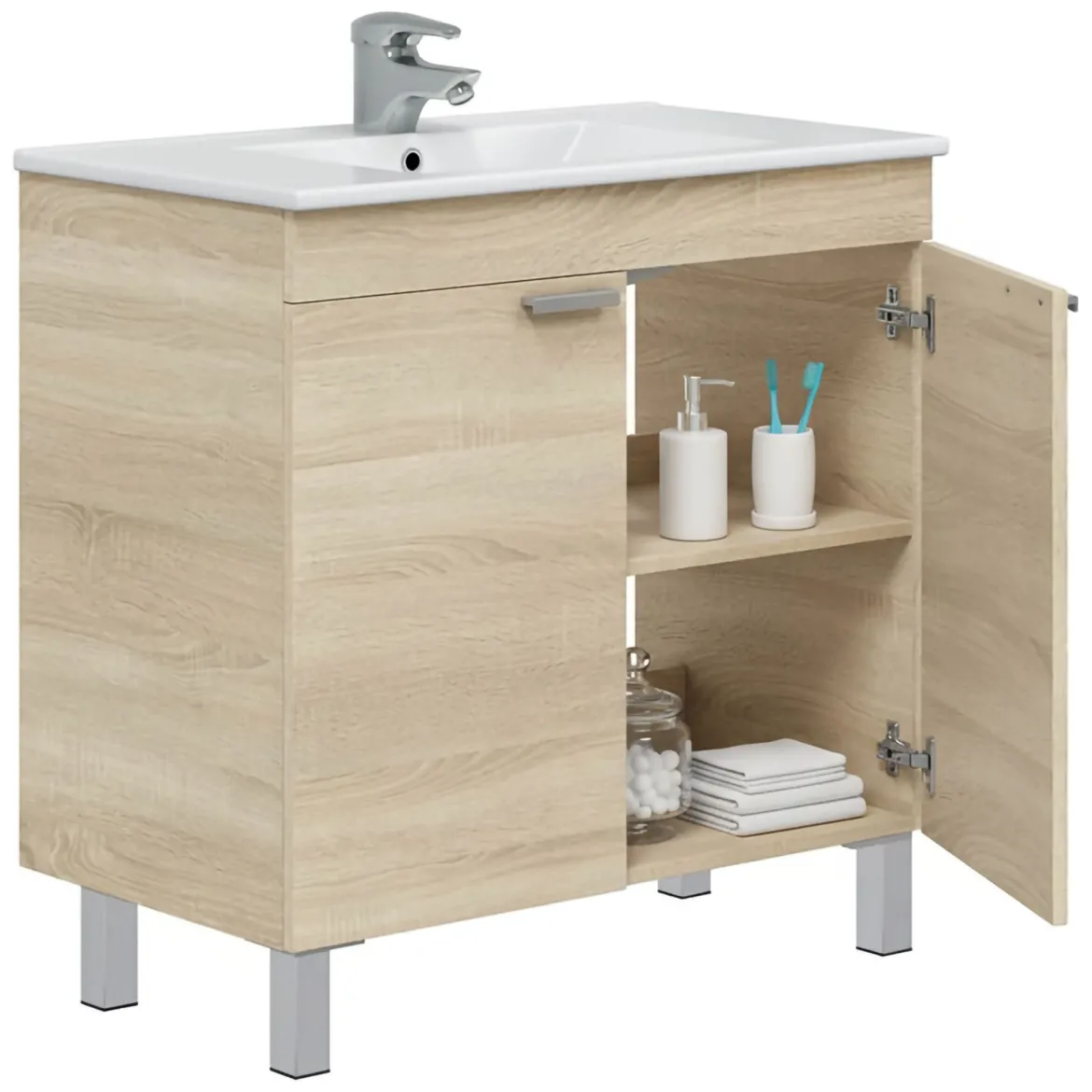 Mobile Sottolavabo Marrone Rovere Grigio Nero Antracite 3 Cassetti Soft Close 60x45x86h cm, Apertura Scorrevole - Sozop