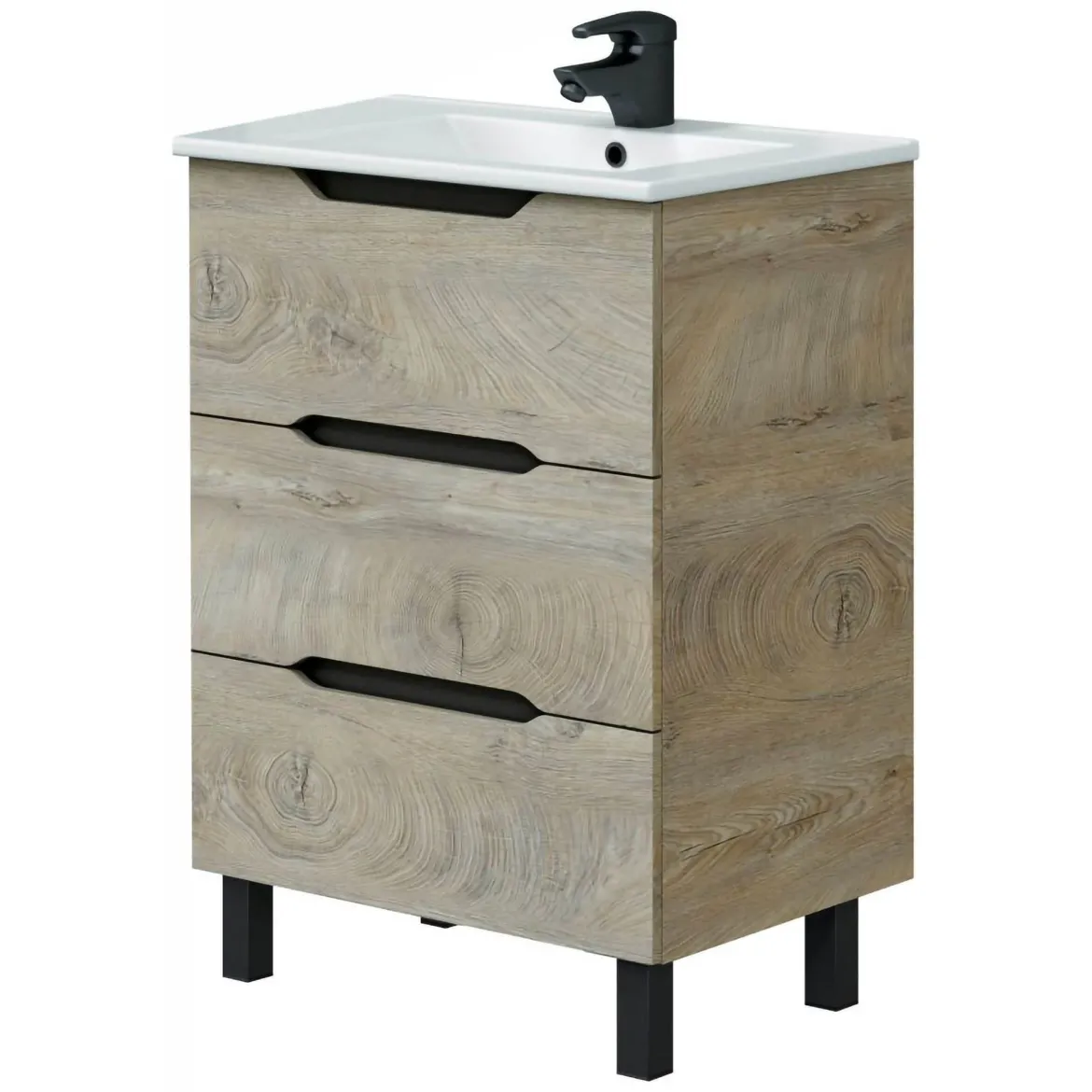 Mobile Sottolavabo Marrone Rovere Grigio Nero Antracite 3 Cassetti Soft Close 60x45x86h cm, Apertura Scorrevole - Sozop