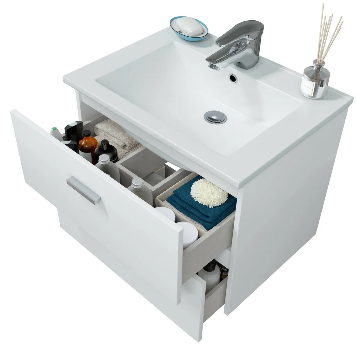 Mobile sottolavabo moderno 2 cassetti 60x45x50h cm bianco lucido - Doksuri