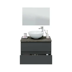 Mobile Sottolavabo Nero Antracite Marrone Noce Specchio Incluso 2 Cassetti 78.5x46x53h cm, Ante - Alakdan
