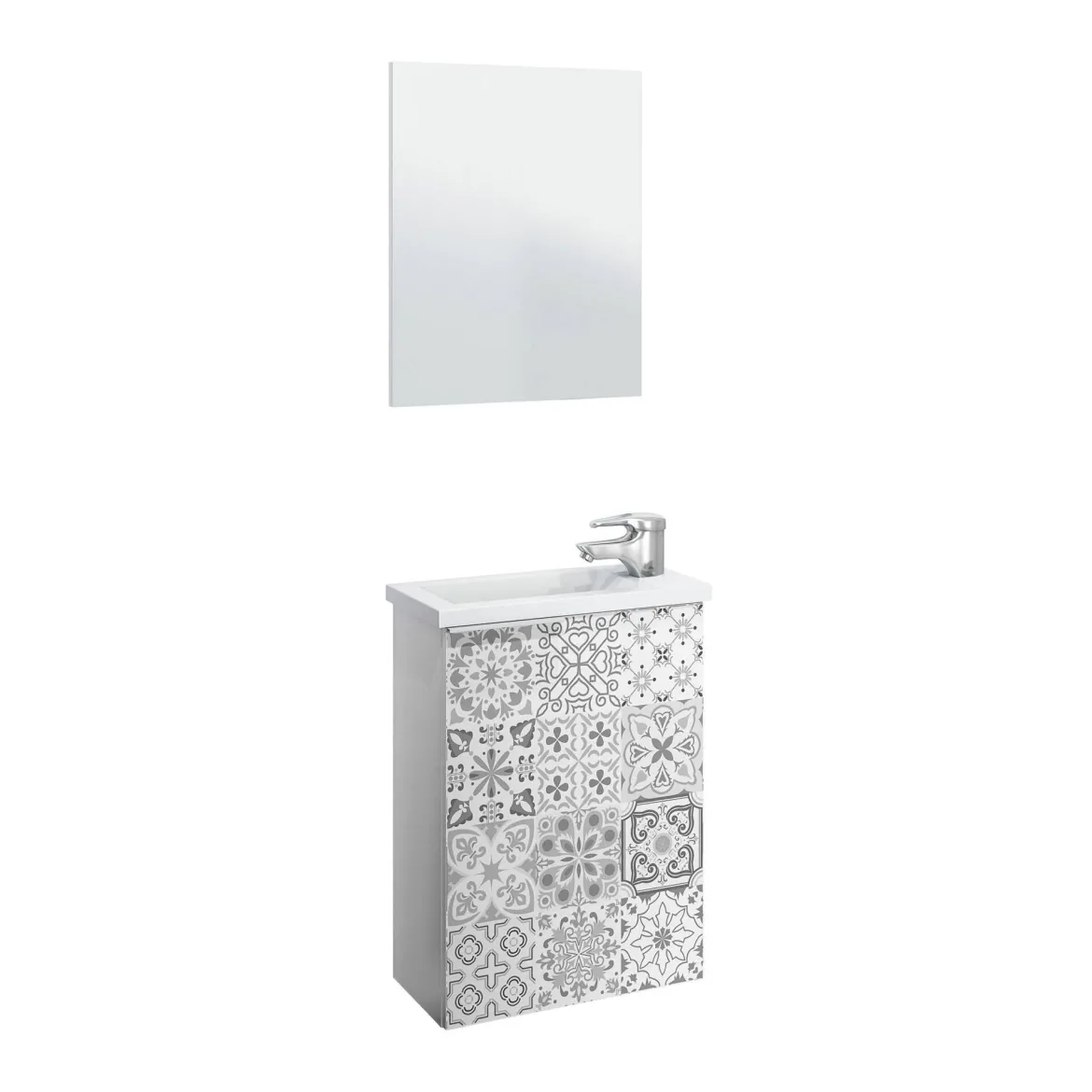 Mobile sottolavabo sospeso con specchio 40x58x22h cm bianco lucido e cemento - Akamaru