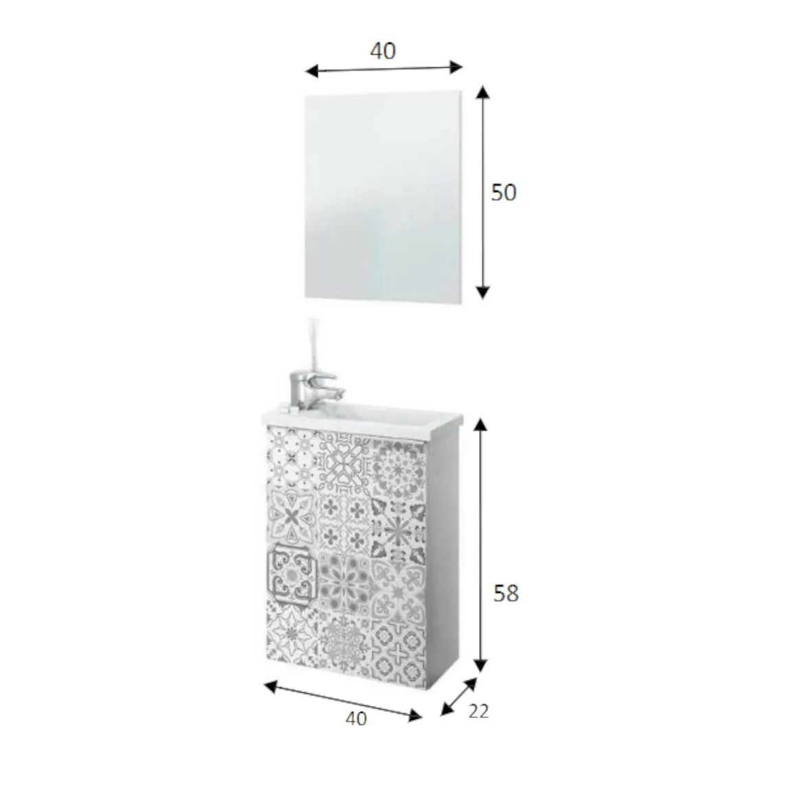 Mobile sottolavabo sospeso con specchio 40x58x22h cm bianco lucido e cemento - Akamaru