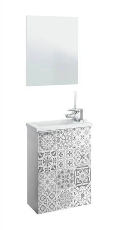 Mobile sottolavabo sospeso con specchio 40x58x22h cm bianco lucido e cemento - Akamaru