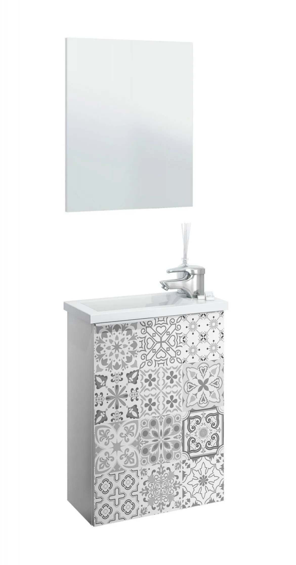 Mobile sottolavabo sospeso con specchio 40x58x22h cm bianco lucido e cemento - Akamaru