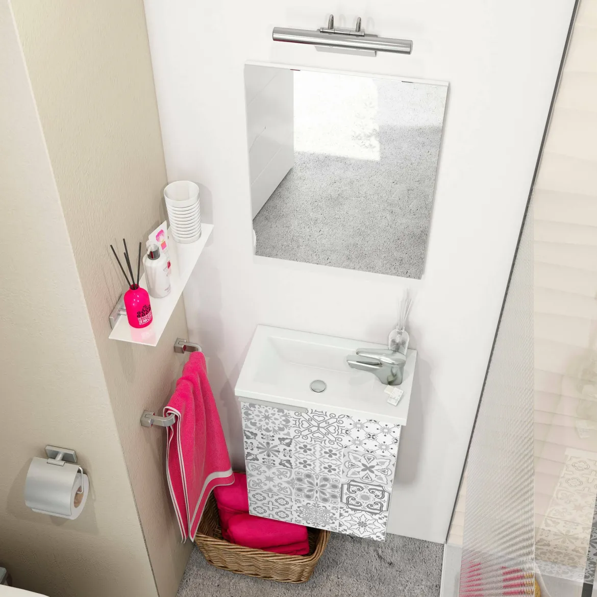 Mobile sottolavabo sospeso con specchio 40x58x22h cm bianco lucido e cemento - Akamaru