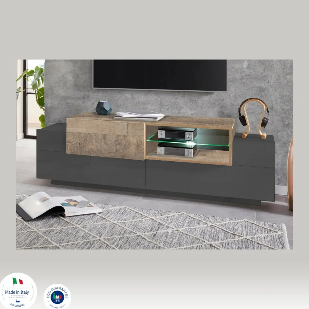 Mobile TV antracite e acero 160x45x51h cm 3 ante - Andris