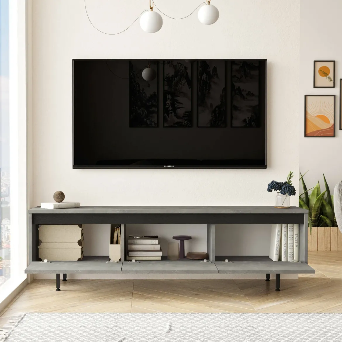 Mobile TV argento e nero 160x35x45h cm 3 ante - Titli