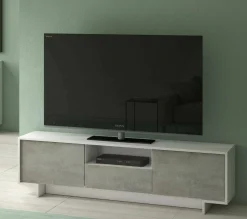 Mobile TV bianco e cemento 170x42x48h cm 2 ante e 1 cassetto - Atina