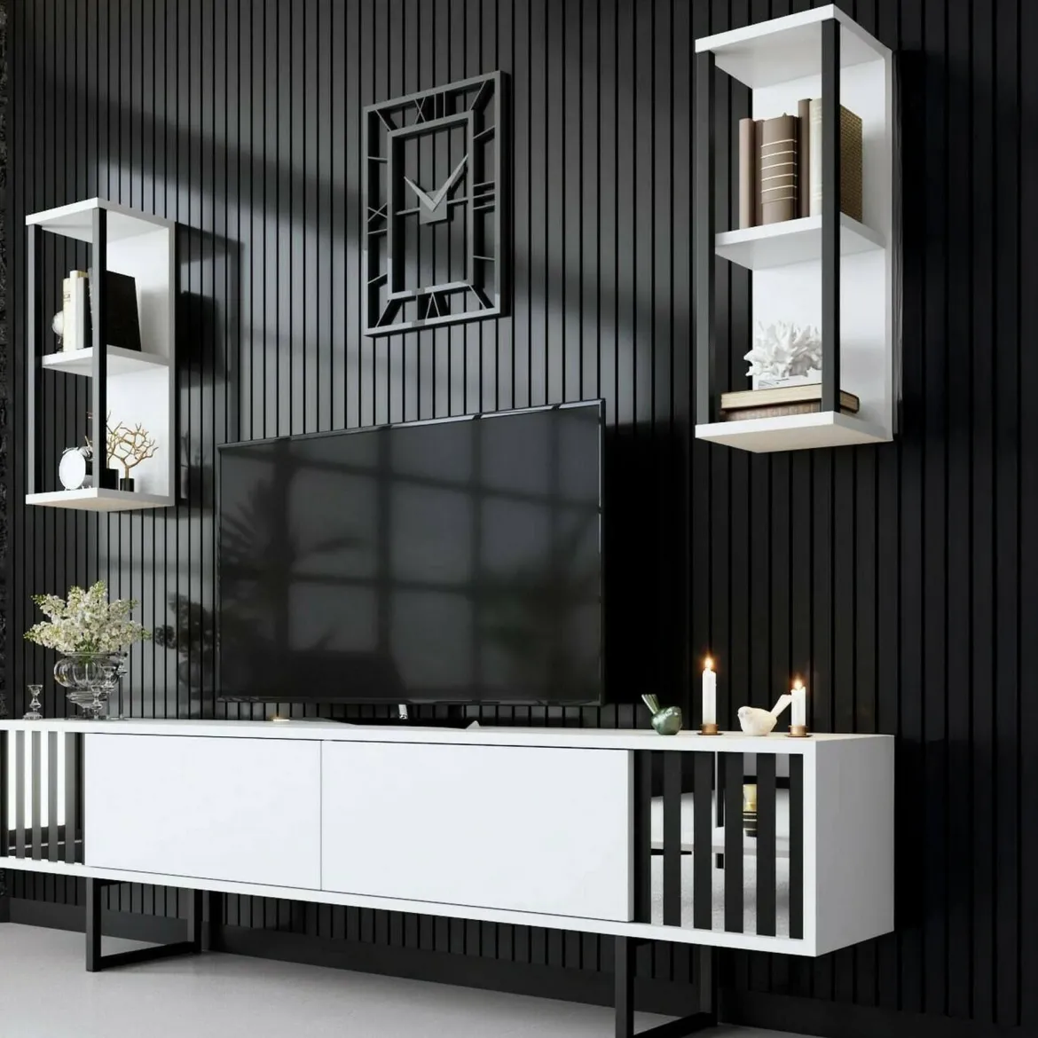 Mobile TV bianco e nero 180x30x48h cm modulabile - Iva
