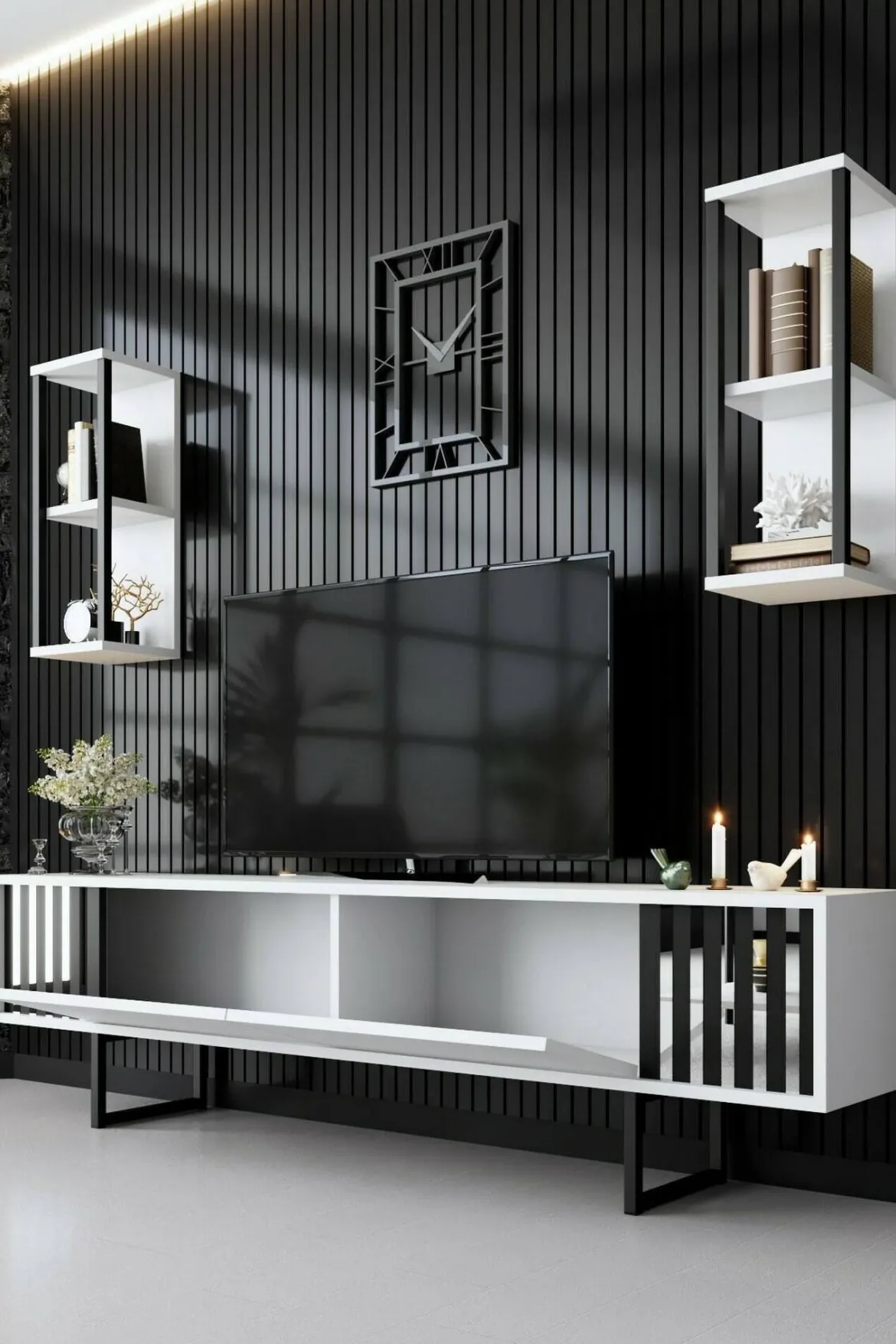 Mobile TV bianco e nero 180x30x48h cm modulabile - Iva