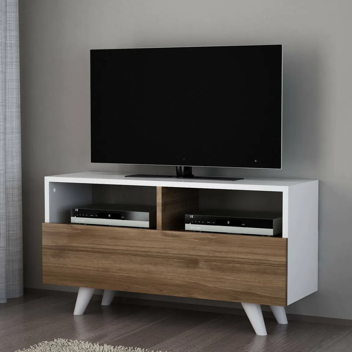 Mobile TV bianco e noce 90x29x50h cm in legno - Mun