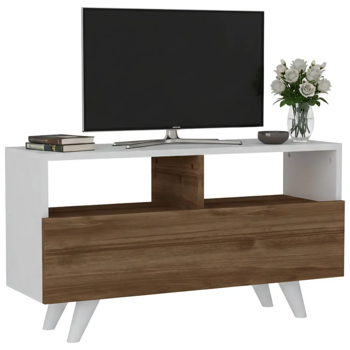 Mobile TV bianco e noce 90x29x50h cm in legno - Mun