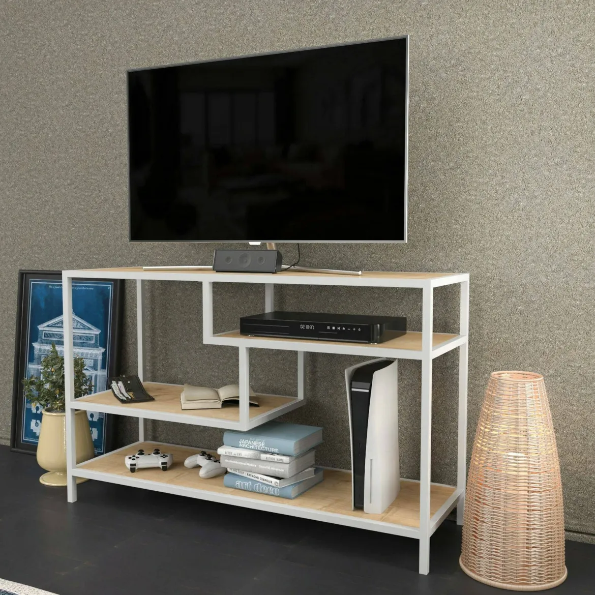 Mobile TV bianco e rovere 120x39x75h cm in legno - Ivette