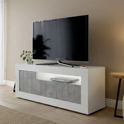Mobile TV bianco lucido,cemento 138x42x56h cm 3 ante - Iole