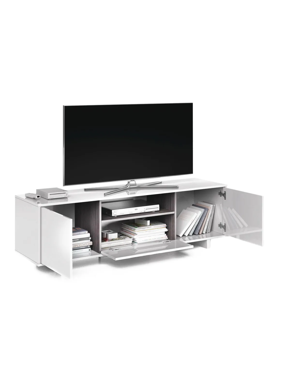 Mobile TV bianco lucido e grigio cenere 150x41x46h cm 3 ante - Andalusia