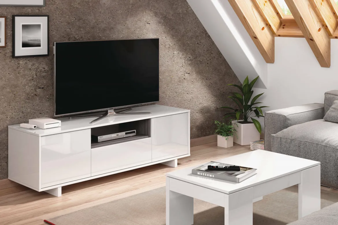 Mobile TV bianco lucido e grigio cenere 150x41x46h cm 3 ante - Andalusia