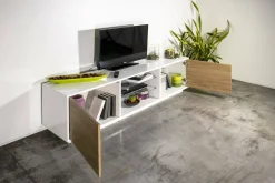 Mobile TV bianco lucido e noce 220x41x46h cm 4 ante e 1 cassetto - Ajuly