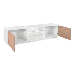 Mobile TV bianco lucido e noce 220x41x46h cm 4 ante e 1 cassetto - Ajuly